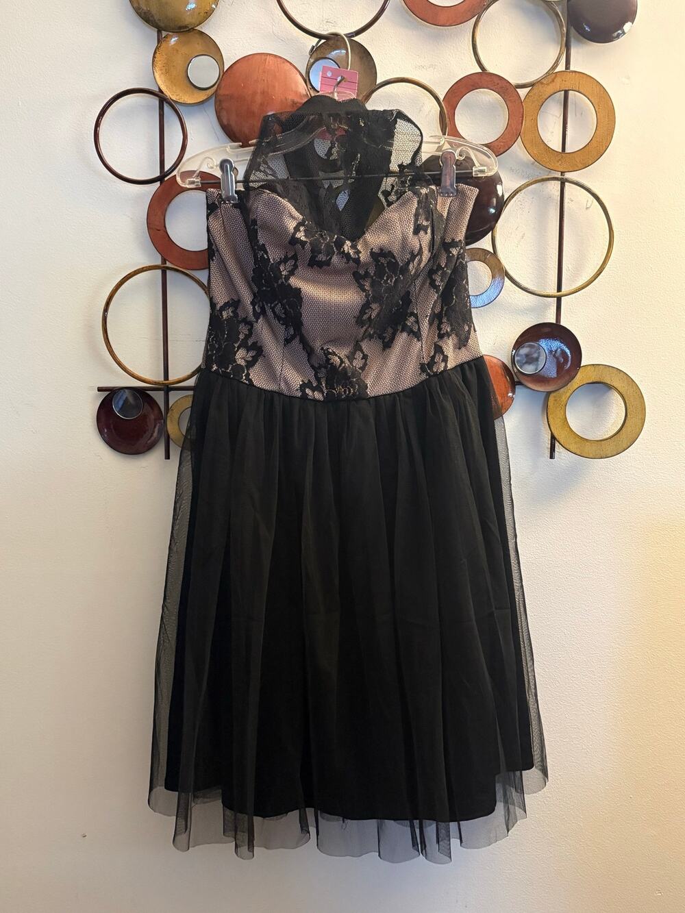 D48 Mystic medium mini dress with lace over nude top and black bottom